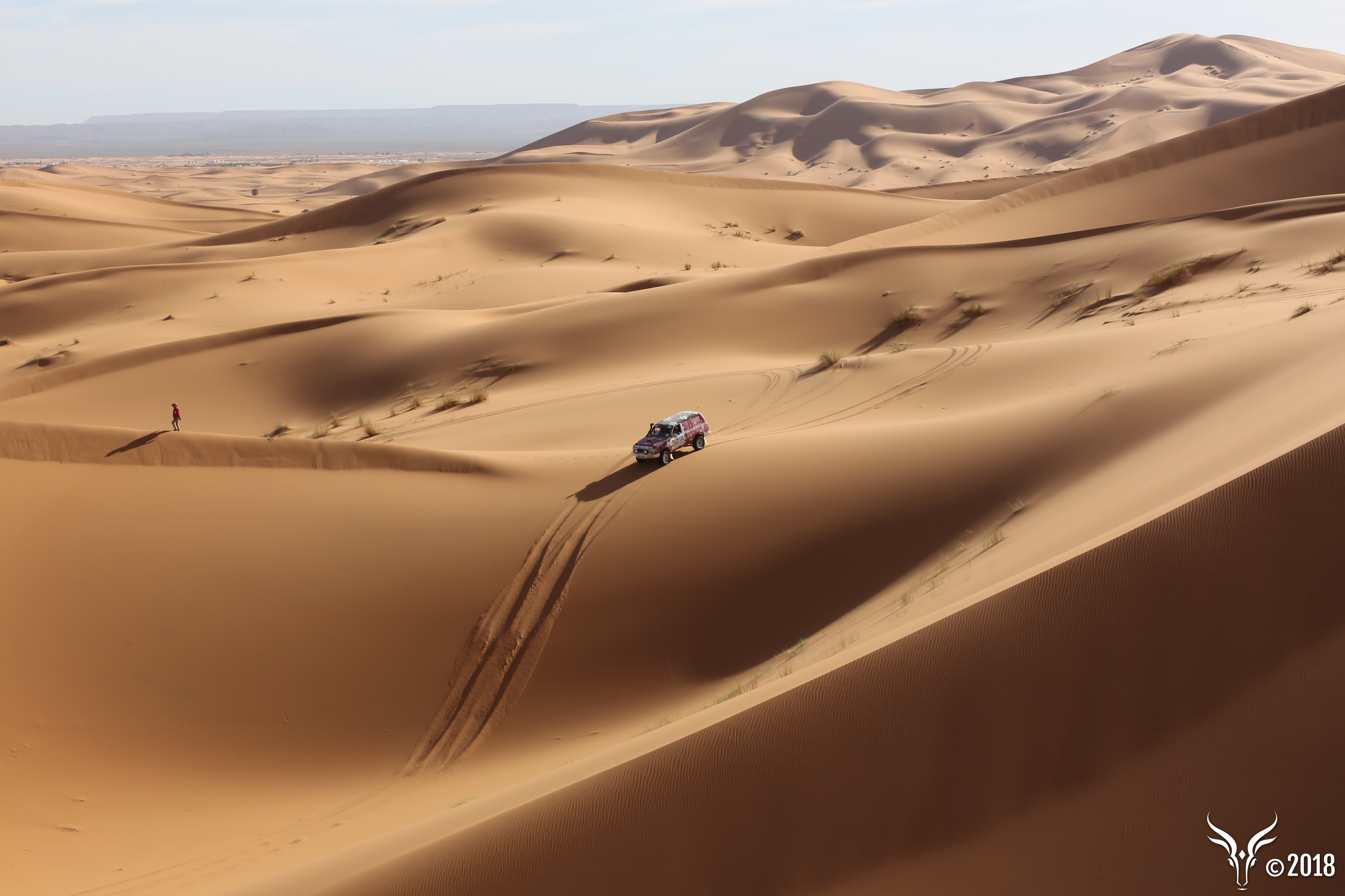 Véhicule du Rallye Aïcha des Gazelles dans les dunes du désert marocain